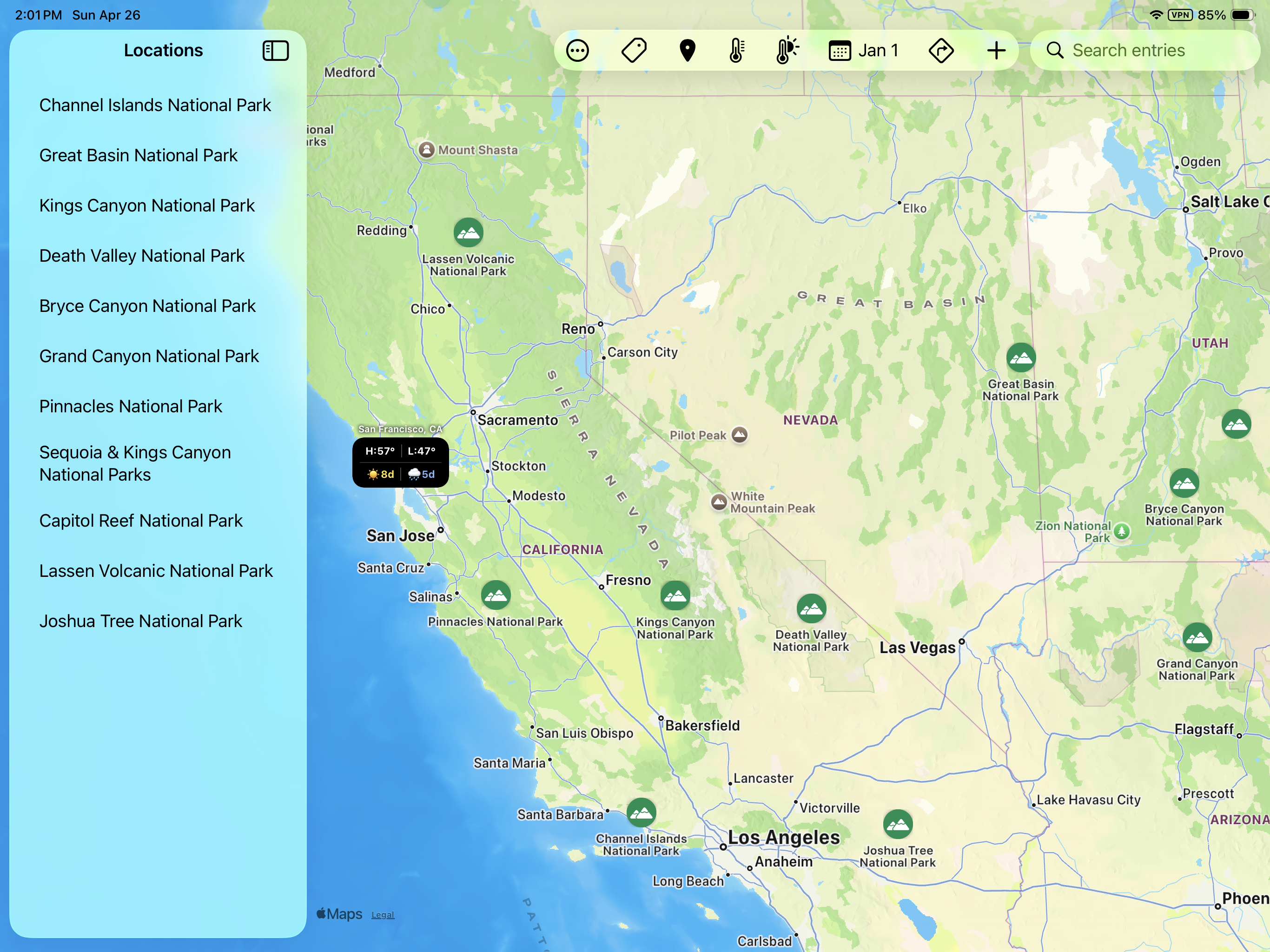 iPad split view with locations list on the left and map on the right