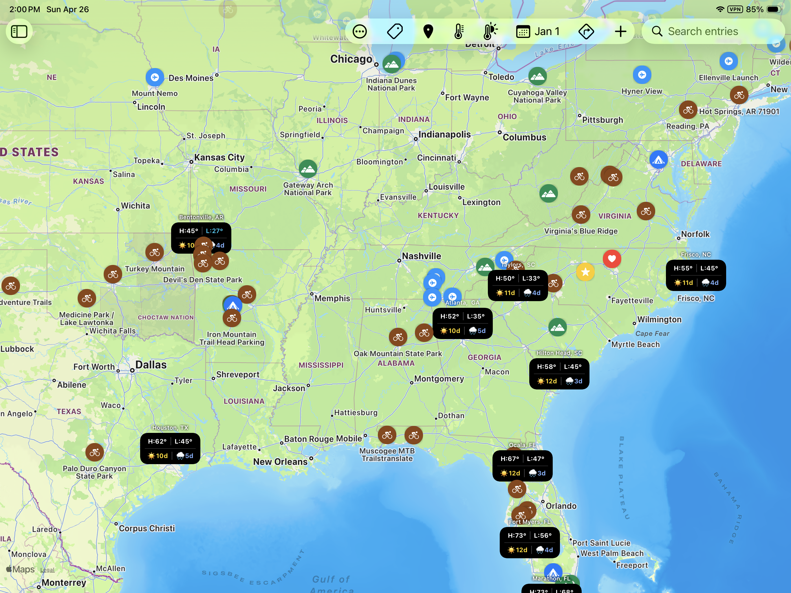 iPad map with weather overlay covering the central US