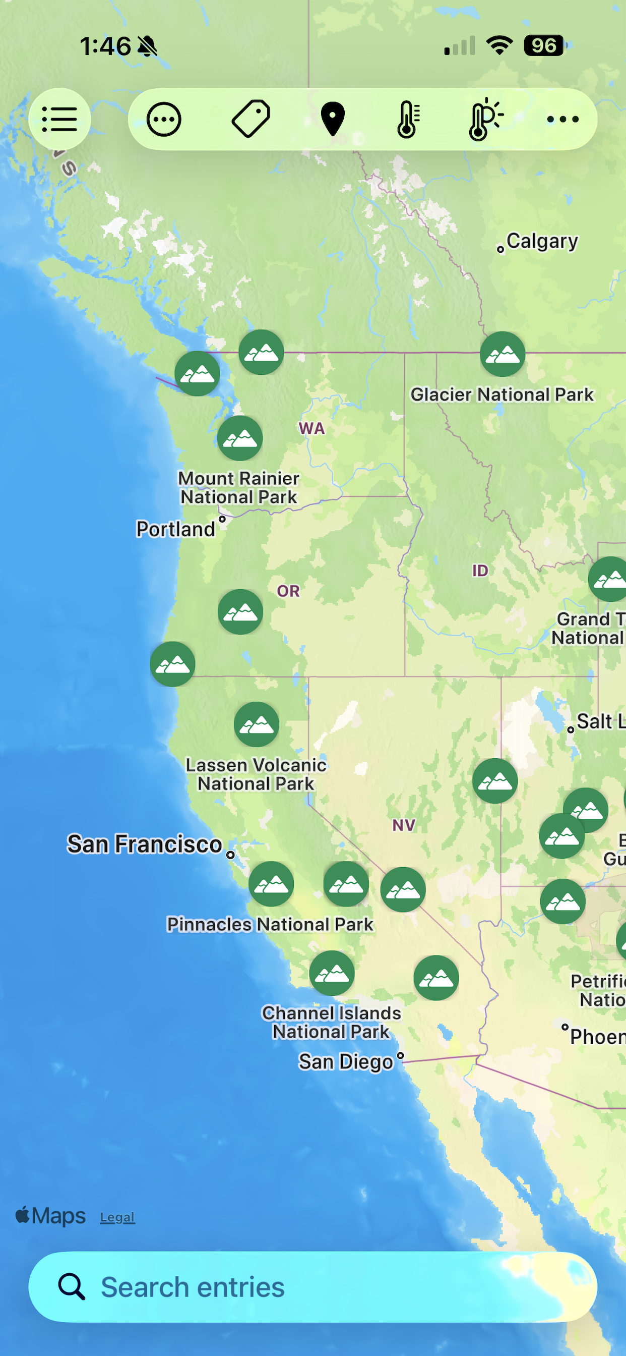 iPhone map view with location pins along the West Coast