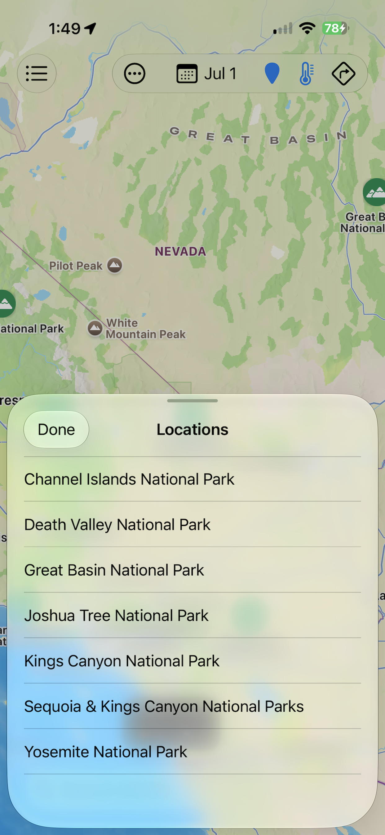 Map of North America with sidebar listing national parks alongside the map