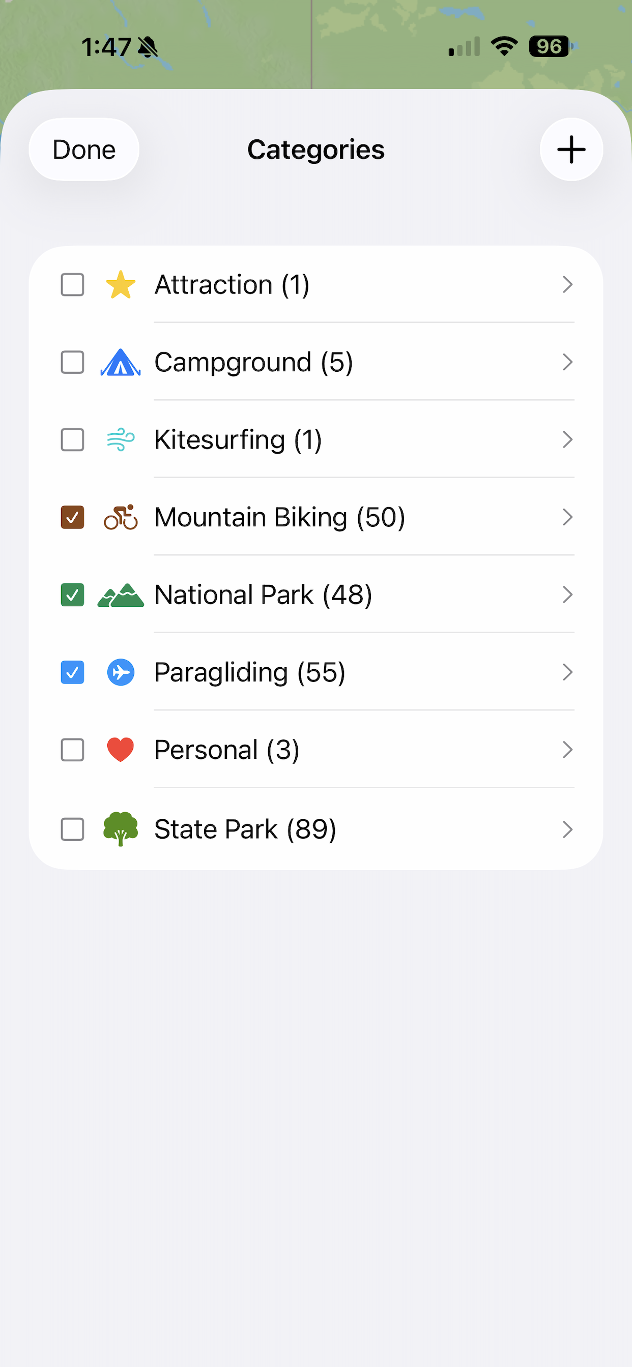 iPhone categories list showing National Parks, State Parks, and more