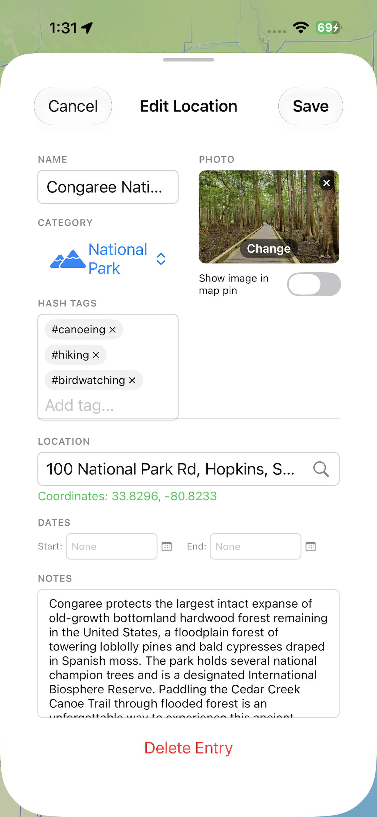 Location editor for Congaree National Park with hashtags and photo