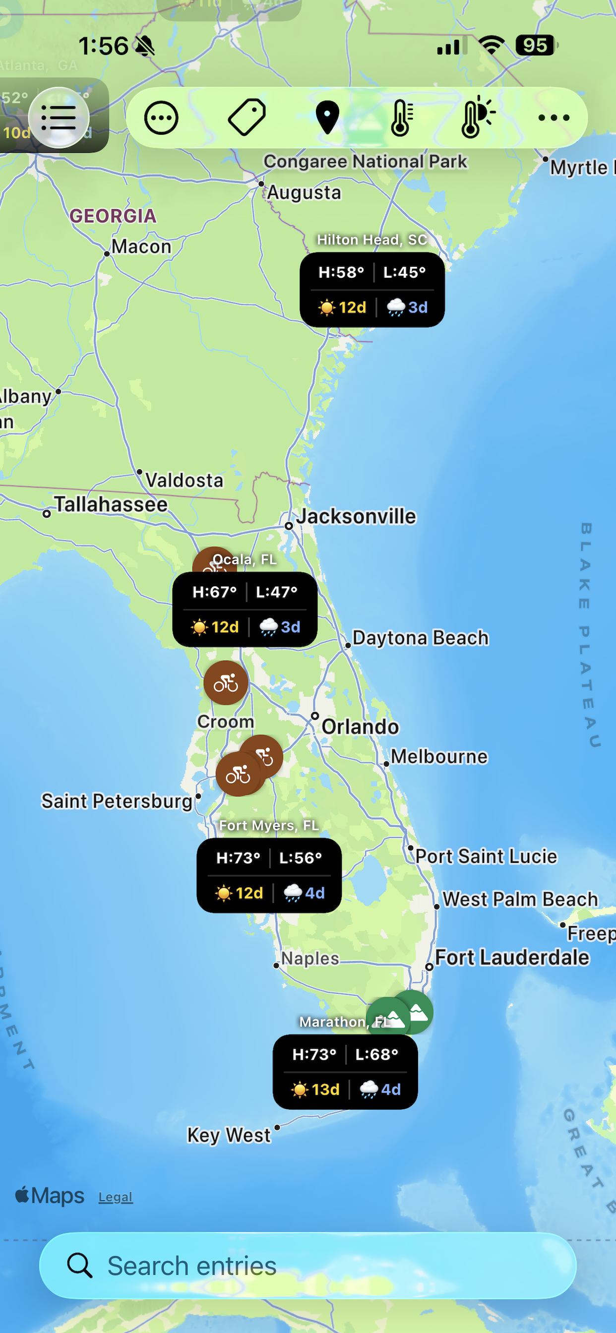 iPhone map with weather overlay for Florida and the Southeast