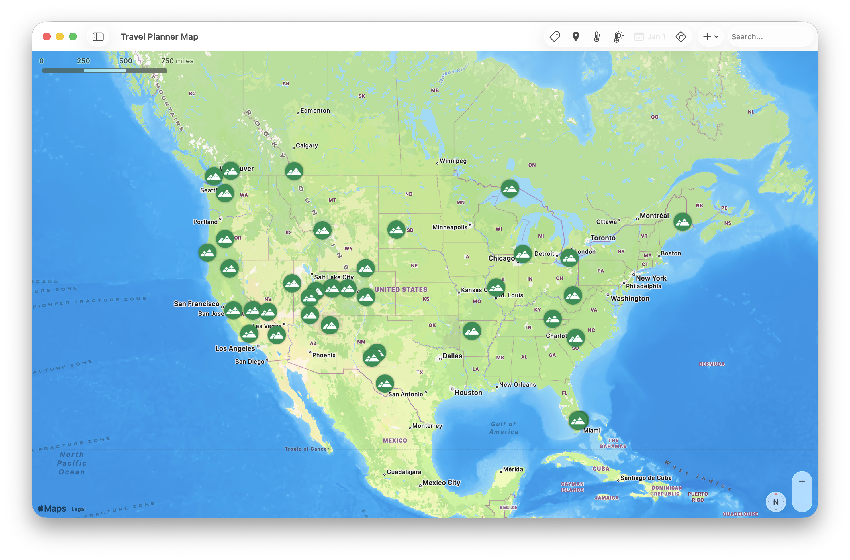 Travel Planner Map on Mac — a map of North America covered in green location pins