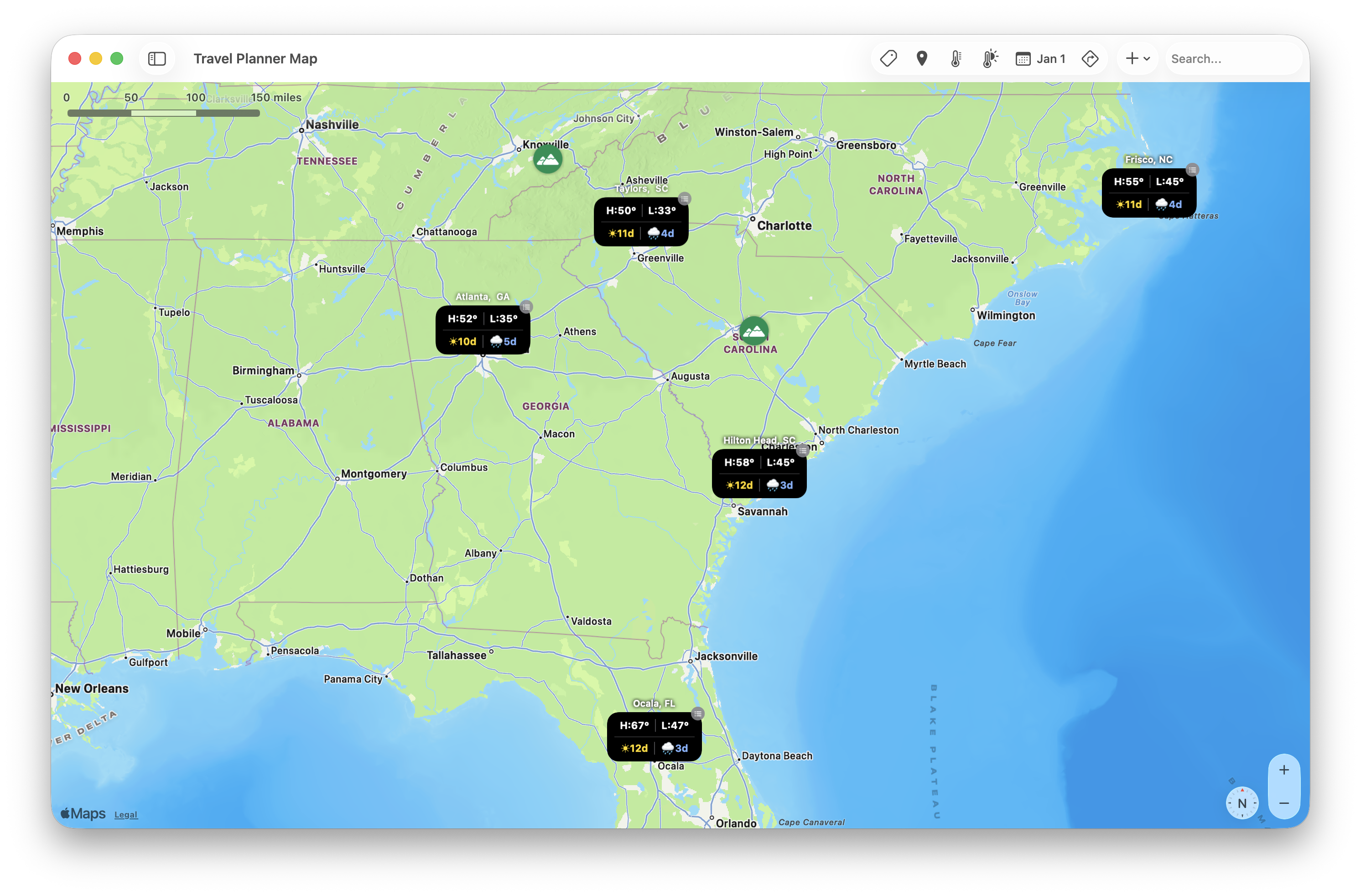 Map showing weather overlay cards with temperature and weather data for locations in the American Southeast