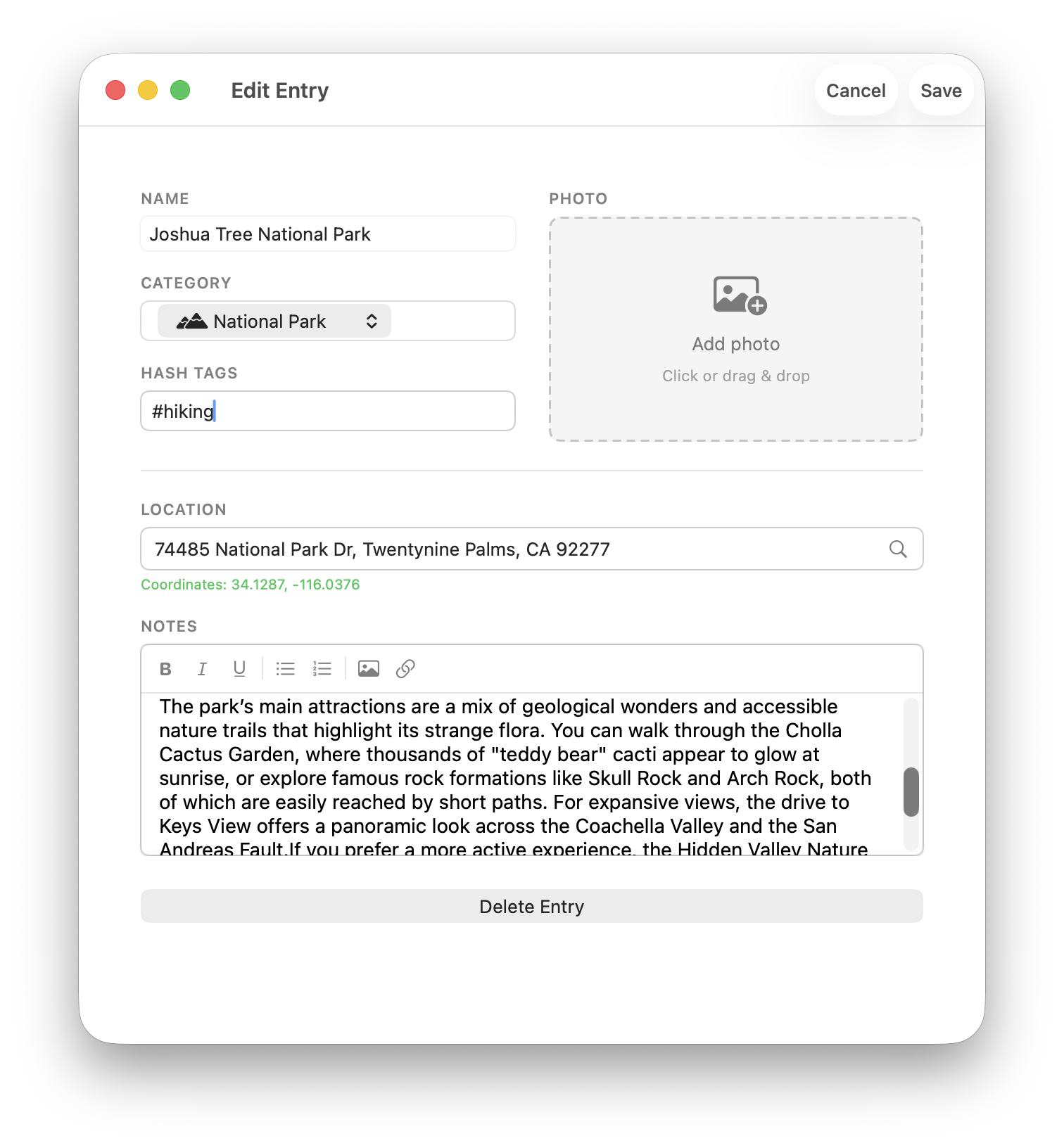 Location editor for Joshua Tree National Park with notes and photo field