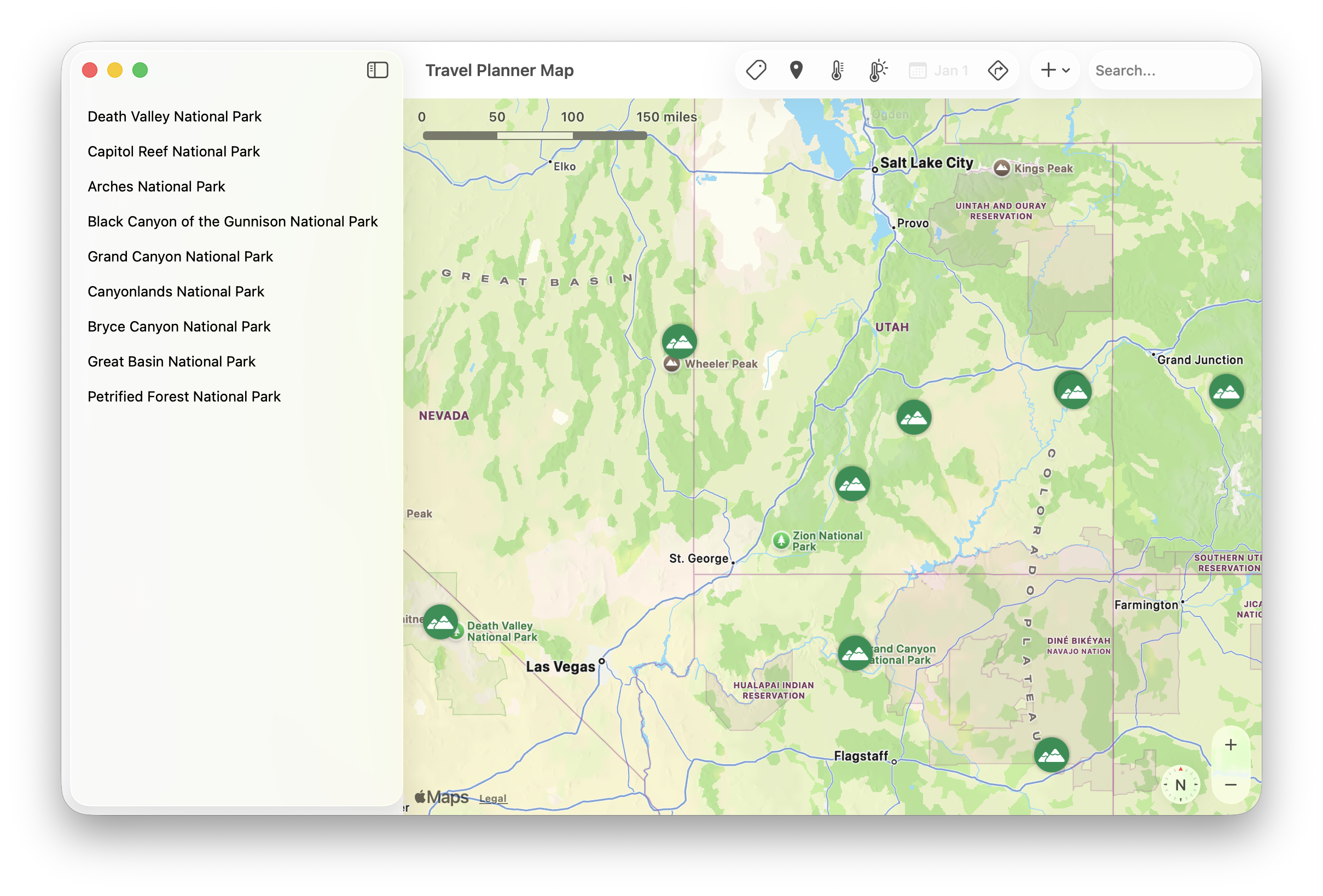 Mac app with sidebar listing national parks alongside the map